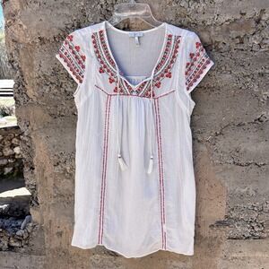 Joie Summer Spring Beaded Boho S Shift Embroidered Peasant Cotton Blend Dress